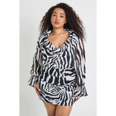 boohoo Dames Plus Zebraprint Chiffon Cowl Neck Hemdenjurk | Maat: 44