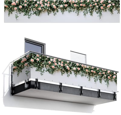 Balkonscherm 500x100 cm - Balkonposter Bloemen - Muur - Rozen - Groen - Balkon scherm decoratie - Balkonschermen - Balkondoek zonnescherm