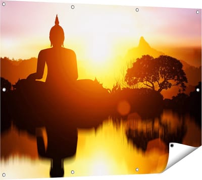 Gards Tuinposter Silhouet van Boeddha Beeld met Zonsondergang - 120x90 cm - Tuindoek - Tuindecoratie - Wanddecoratie buiten - Tuinschilderij