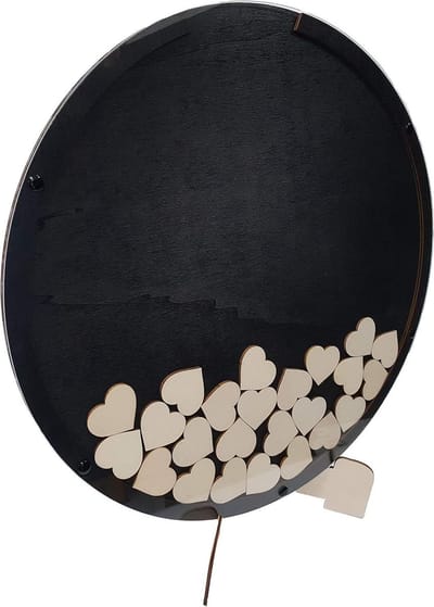 Gastenboek Hartjes - Houten Gastenboek - Bruiloft Herinneringen - Cirkelvormig Design - Ø 42 cm - 80 Harten - Zwart
