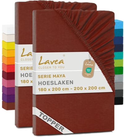 Lavea® Set van 2 Hoeslakens voor Topper 180x200 cm – 100% Katoen Jersey – voor Topmatras tot 10 cm – met Elastiek Rondom – Kastanjebruin