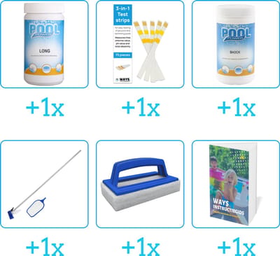 Zwembad Onderhoudspakket - Onderhoud Zwembad - bevat Chloor - Testrips - Chloor - Schoonmaakset - Scrubborstel en Zwembadgids (6-delig)