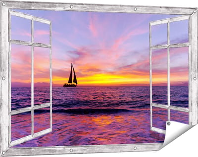 Gards Tuinposter Doorkijk Zeilboot Silhouet bij Zonsondergang - 120x80 cm - Tuindoek - Tuindecoratie - Wanddecoratie buiten - Tuinschilderij
