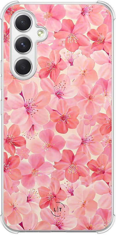 Shockproof hoesje - Geschikt voor Samsung Galaxy A54 - Pink flowers - Extra sterke case - TPU/polycarbonaat - Bloemen - Roze, Transparant