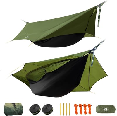 Hangmat met klamboe en tarp - lichtgewicht 1 persoons campinghangmat - draagbare reishangmat voor kamperen en wandelen