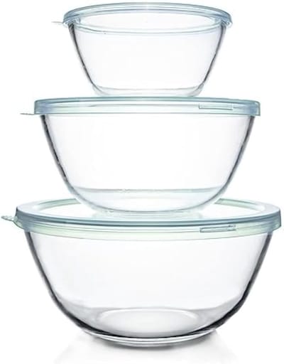 Set van 3 glazen mengkommen met deksels (1 l, 2.5 l, 4.2 l) voor voedselopslag, koken en bakken