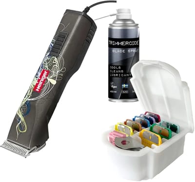 Heiniger® Saphir Cord - Hondentondeuse Set - met Scheerkop Opzetkammen & Clipper Spray Olie - 3200 Toeren Per/Min Trimmer - Hondentrimmer voor Krul & Dikke Vacht - Professioneel Honden Scheerapparaat - Tondeuse Trimset Hond - Grijs