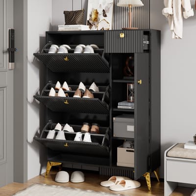 Clruro Schoenenkast 90 x 25 x 121 cm - 3 Kleppen, 1 Lade en 1 Deur - Zwart