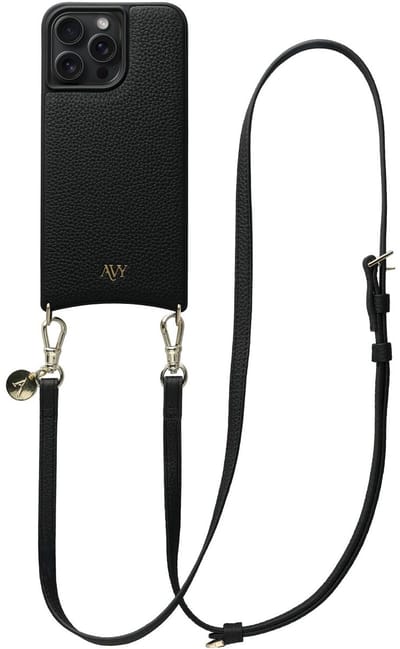 AVY Leren Hoesje Geschikt voor Apple iPhone 14 Pro Max | Compatibel met MagSafe | Leather Case met Telefoonkoord | Crossbody | Zwart | Long Leather