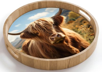Dienblad rond 40x40 cm - Schootdienblad hout - Schotse hooglander - Bloemen - Hoorns - Wolken - Borrelplank rechthoek - Plateau houten dienbladen