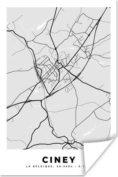 Poster Stadskaart – Zwart Wit - Kaart – Ciney – België – Plattegrond - 120x180 cm XXL