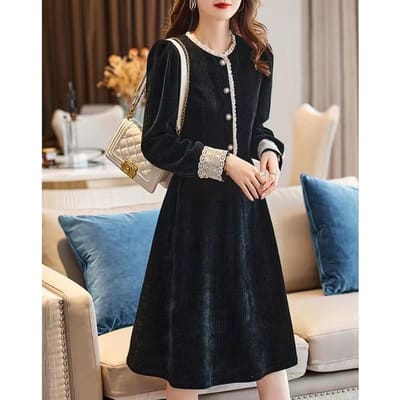 Herfst Nieuwe Stijl Dames Ronde Hals Lange Mouwen Slim Midi Rok Kant Frans Corduroy Jurk voor Dames 2XL