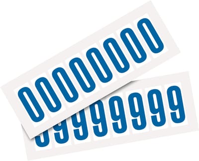 Set cijfer stickers 0-9 - zelfklevende folie - 20 kaarten - blauw wit teksthoogte 50 mm