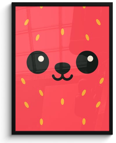 Poster in lijst - Fotolijst 60x80 cm - Posters - Kat - Aardbei - Cartoon - Posterlijst zwart - Decoratie - Wanddecoratie woonkamer - Muurdecoratie slaapkamer
