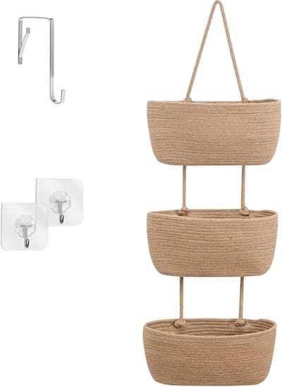 3-laagse Hangende Organizer van Katoen en Linnen, Wandplank voor Badkamer, Camping en Speelgoedopslag, Ideaal voor Snacks en Cadeauverpakking (Lichtbruin)