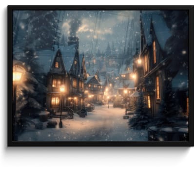 Poster in lijst - Fotolijst 80x60 cm - Posters - Winterdorp - Sneeuw - Donker - Posterlijst zwart - Decoratie - Wanddecoratie woonkamer - Muurdecoratie slaapkamer
