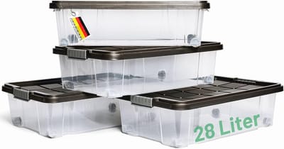 Novaliv 4x Onderbed Ladekast met Wielen 28L Opbergbox Deksel Antraciet Nestbaar Stapelbaar met Clipsluiting Rolbox BPA-vrij 61x40x17 cm