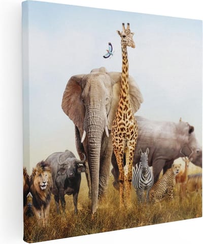 Artaza Canvas Schilderij Safaridieren - 30x30 cm - Klein - Wanddecoratie Leeuw En Zebra - Muurdecoratie Afrika - Kamer Accessoires