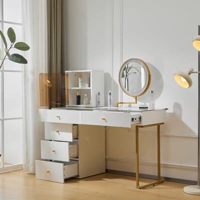 DESMIU Kaptafelset - Met Verstelbare Led Spiegel En Zijkast - Modern Voor Slaapkamer En Kleedruimte - Spaanplaat En Glas - Wit En Goud - 120x45x115 Cm