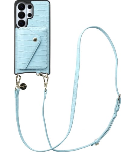 AVY Leren Hoesje geschikt voor Samsung Galaxy S26 Ultra | Met Koord en Kaarthouder | Compatibel met MagSafe | Leather Case met Crossbody Koord & Wallet | Long Leather | Croco Blauw