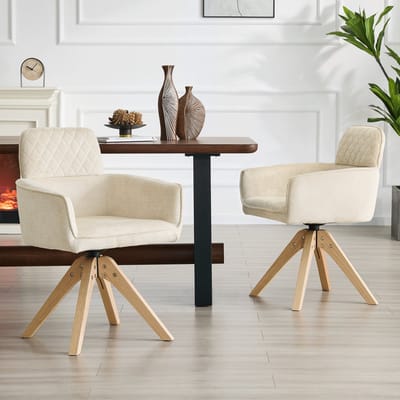 MODFU - Eetkamerstoelen Set Van 2 - Draaibaar - Wabi-Sabi - Voor Eethoek - Stof En Hout - Crèmewit