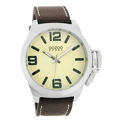 OOZOO Timepieces - Zilverkleurige horloge met bruine leren band - OS008
