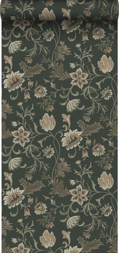 ESTAhome behang vintage bloemen zwart en groen - 53 cm x 10.05 m - 139417