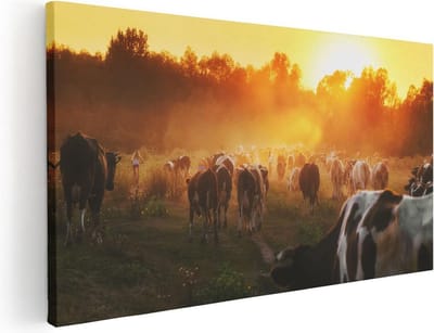 Artaza Canvas Schilderij Koeien - 40x20 cm - Klein - Wanddecoratie Zonsondergang - Muurdecoratie Weiland - Schilderijen Op Canvas Landschap