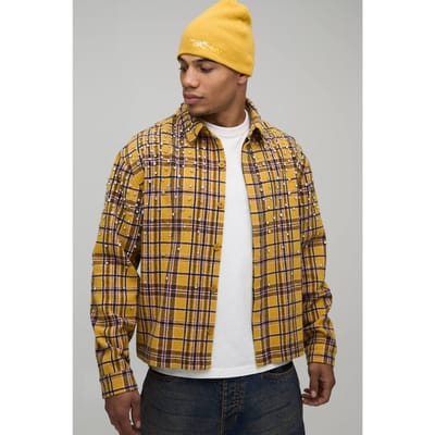 Oversized Boxy Juweel Strass Geruit Overhemd | Yellow | Size Small