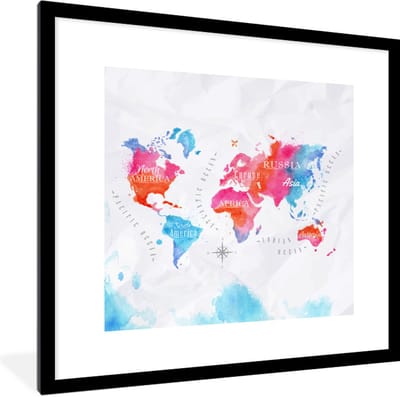 Poster in lijst - Fotolijst 40x40 cm - Posters - Wereldkaart - Kleuren - Waterverf - Posterlijst zwart - Decoratie - Wanddecoratie woonkamer - Muurdecoratie slaapkamer