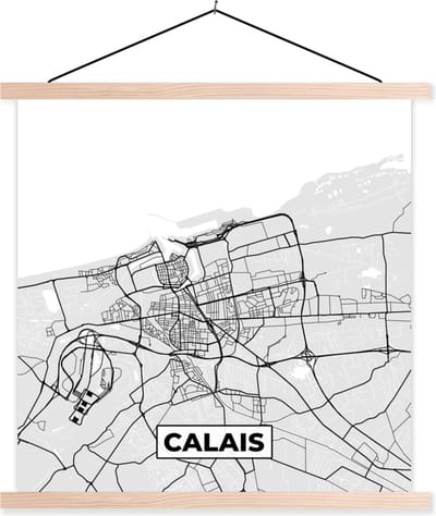 Posterhanger incl. Poster 40x40 cm - Schoolplaat - Plattegrond - Kaart - Stadskaart - Frankrijk - Calais - Textielposter - Blanke latten - Stadskaart