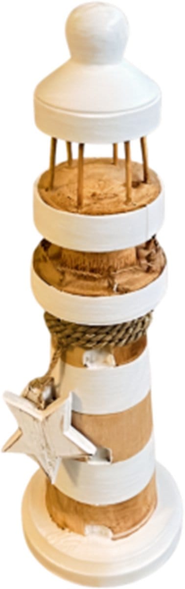 Houten Vuurtoren Naturel Wit 35 cm Maritieme Decoratie Stranddecoratie Lighthouse Bali