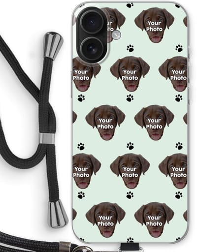 Gepersonaliseerd - Case Company® - Hoesje met koord geschikt voor iPhone 16 Plus hoesje met Koord - Gepersonaliseerd gezicht - Kat of Hond - Telefoonhoesje met Zwart Koord - Bescherming aan alle Kanten en Over de Schermrand