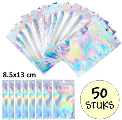 50 Holografische Folie Zip Lock Zakjes Met Gat - Hersluitbare Mylar Zakken - 8x13cm - Uitdeelzakjes - Transparant - Snoepzakjes - Cadeauzakjes - 50 Stuks