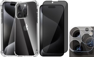 Hoesje geschikt voor iPhone 15 Pro - Privacy Screenprotector FullGuard & Camera Lens Screen Protector - Back Cover Case ShockGuard Transparant