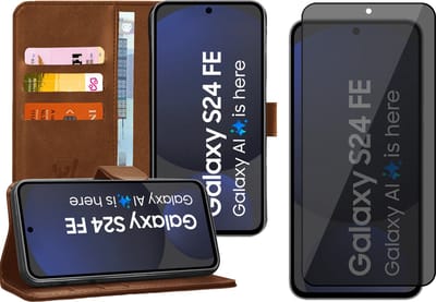 Hoesje geschikt voor Samsung Galaxy S24 FE - Privacy Screenprotector Volledig Dekkend Glas - Portemonnee Book Case Bruin