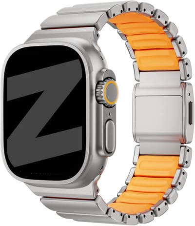 Bandz Titanium 'Hybrid' band geschikt voor Apple Watch 1/2/3/4/5/6/7/8/9/10/11/SE/SE2/SE3/Ultra (2/3) - Maat: 44/45/46/49mm - Titanium/Oranje