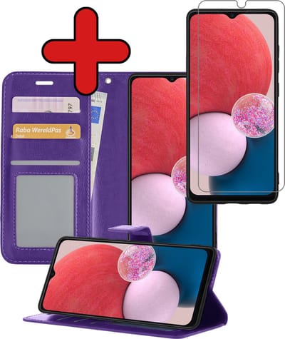 Hoesje - Met Screenprotector - Geschikt voor Samsung Galaxy A13 4G - Luxe Pasjeshouder - Flipcase - Bookcase Portemonee - Flip Case - Kunstleer Book Case - Book Cover - Walletcase - Portemonneehoes - Telefoonhoes - Paars