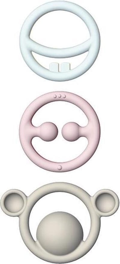 NIGI, NAGI & NOGI / SET Pastelkleuren, set van 3 tactiele bijtringen in verschillende kleuren, in siliconen rubber, in doos 12.5x2x25.8cm, 0+