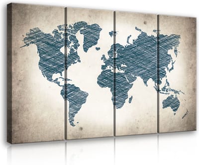 Canvas Schilderij - Wereldkaart - Wereldbol - Landen - Kaart - Continenten - Inclusief Frame - 120x80cm (lxb) - 4 Luiks