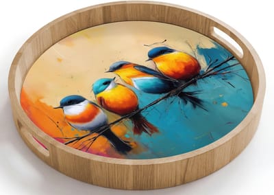 Dienblad rond 40x40 cm - Schootdienblad hout - Vogels - Kleurrijk - Tak - Abstract - Borrelplank rechthoek - Plateau houten dienbladen