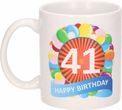 41 jaar Verjaardag koffiemok - cadeau beker - feestelijke ballonnen print - 300 ml - keramiek - wit