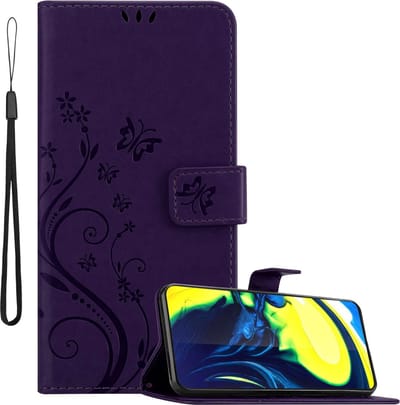 Cadorabo Hoesje geschikt voor Samsung Galaxy A80 / A90 4G in BLOEMEN DONKER PAARS - Beschermhoes in bloemmotief met magnetische sluiting, standfunctie en kaartsleuven Book Case Cover Etui