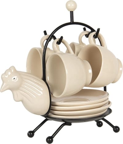 Clayre & Eef Kop en schotel Set van 4 22*13*23 cm Beige Keramiek Kip Servies Cadeau voor haar Cappuccino