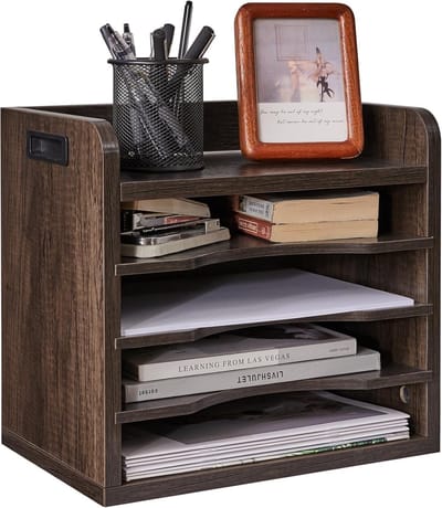 Houten Bestand Organizer Desktop, Papier Opslag Bureau Bestandsrek met 3 Verstelbare Planken, 5 Laagjes in Lade A4 Bestand Houder Tijdschrift voor School, Kantoor, Draagbaar, ‎34 x 23 x 31.5CM