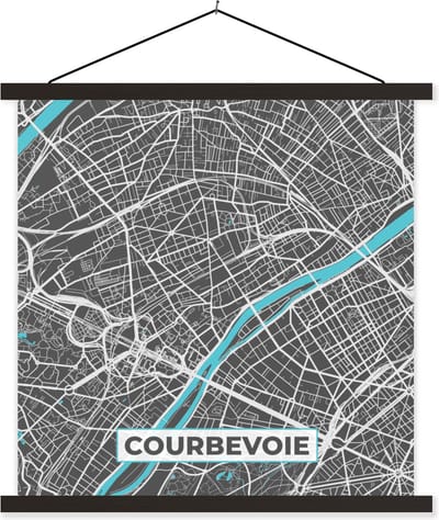 Posterhanger incl. Poster 60x60 cm - Schoolplaat - Kaart – Stadskaart – Frankrijk - Courbevoie - Plattegrond - Textielposter - Zwarte latten - Stadskaart