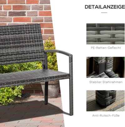 Tuinbank, rotanlook, parkbank met stalen frame voor 2 personen, balkonbank, belastbaar tot 320 kg, grijs tuinmeubilair