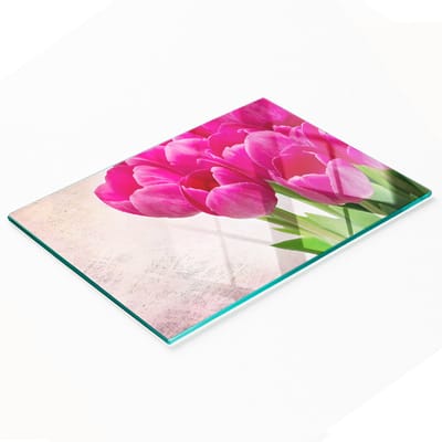 Decoratieve snijplank van gehard glas met roze tulpenmotief, 80x52 cm