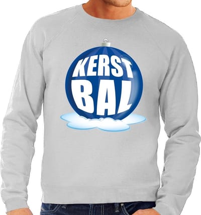 Foute kersttrui kerstbal blauw op grijze sweater voor heren - kersttruien S