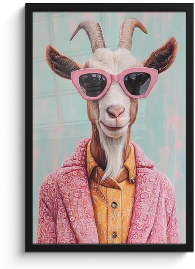 Poster in lijst - Fotolijst 40x60 cm - Posters - Zonnebril - Roze - Geit - Horen - Posterlijst zwart - Decoratie - Wanddecoratie woonkamer - Muurdecoratie slaapkamer